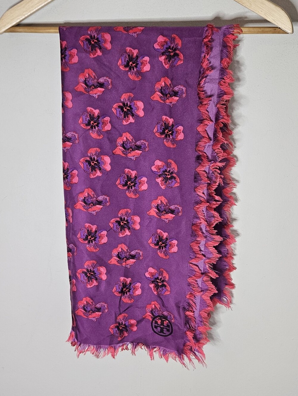 Tory Burch Pansy Silk Scarf Purple Red Logo Fringe Edge 37" Square